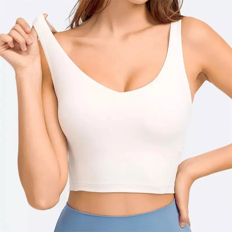 Deep V-Neck Exercise Longline Athletic Workout Crop Tops with Built In Bra Top