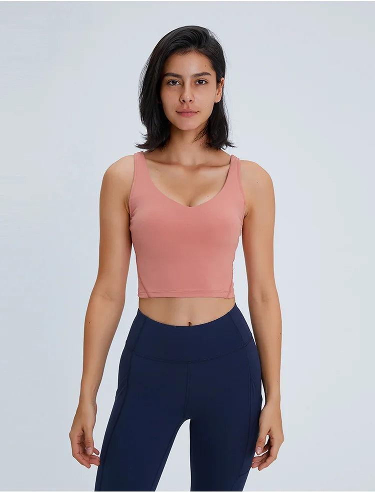 Deep V-Neck Exercise Longline Athletic Workout Crop Tops with Built In Bra Top