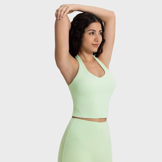 Light Support Cropped Halter Tank Top Built-in Bra With Removable Cups